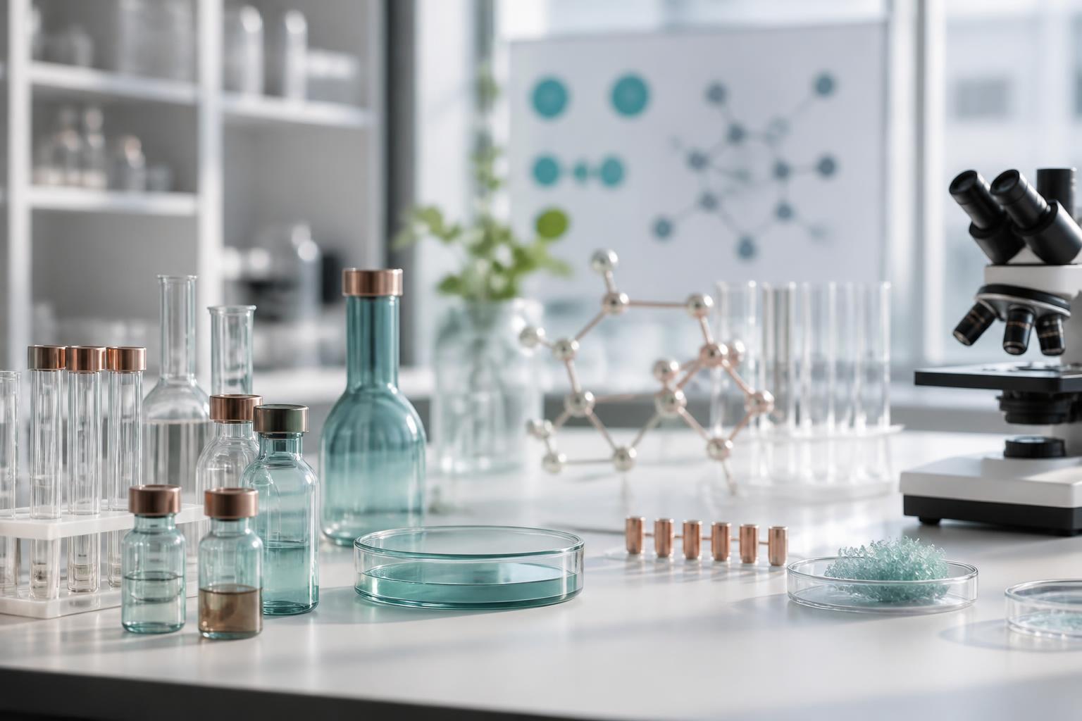 Vials, amostras e equipamentos de pesquisa em laboratório farmacêutico
